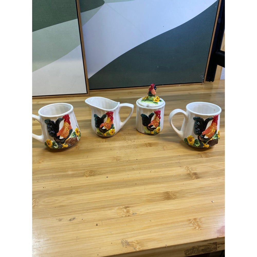 Unbranded Rooster Tea Set Unisex OS White 3D Sunflower Farmhouse Ceramic 4pc